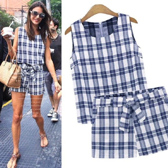 Goodnight Macaroon Pants - Goodnight Macaroon Navy and Ivory Plaid Co-ord Tank Top & Shorts Set